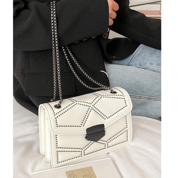 Vegan Leather Studded Graphic Chain Mini Shoulder Crossbody Bag - Picture 7 of 8